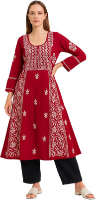 Era Chikan Women Embroidered Flared Kurta(Red)