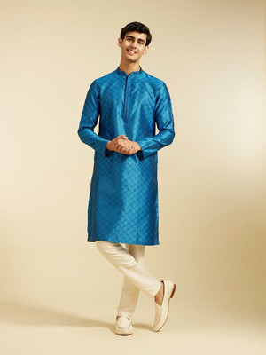 DIWAS by Manyavar Men Printed Straight Kurta(Blue)