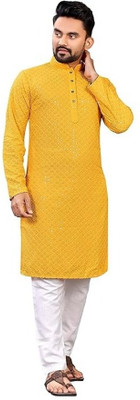 Krudha Men Embellished Straight Kurta(Yellow)