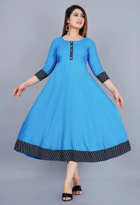 Aao Women Solid Anarkali Kurta(Light Blue)