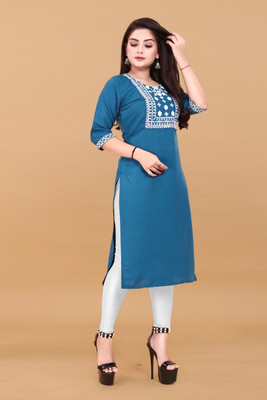 ANITA LYCRA Women Embroidered Straight Kurta(Blue)