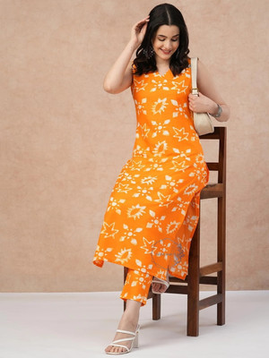 KRISHITMART Women Printed Flared Kurta(Orange)