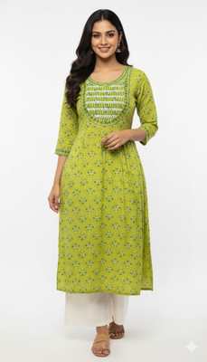 Manglam Women Printed Flared Kurta(Green)