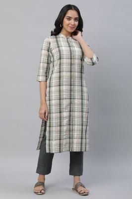 Aurelia Women Checkered Flared Kurta(Green)