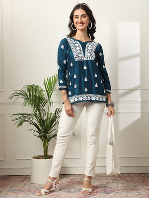 FORKEY Women Embroidered Straight Kurta(Blue)