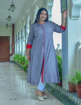 Yash Gallery Women Geometric Print A-line Kurta(Blue)