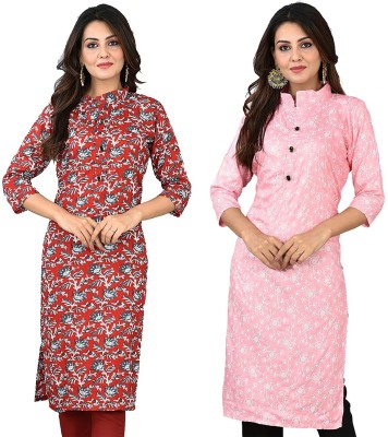 Rockshok Women Printed Straight Kurta(Maroon, Pink)