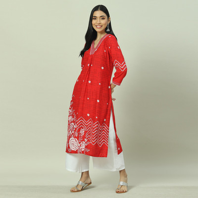RANGRITI Women Printed Straight Kurta(Red)