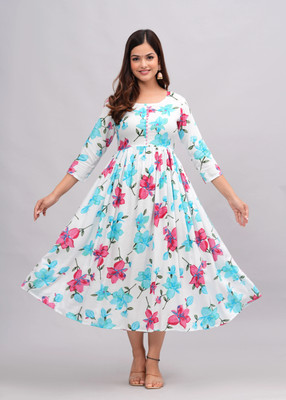 TANTANATAN Women Floral Print Anarkali Kurta(Light Blue)