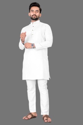 MAHI CREATIVE Men Striped A-line Kurta(White)