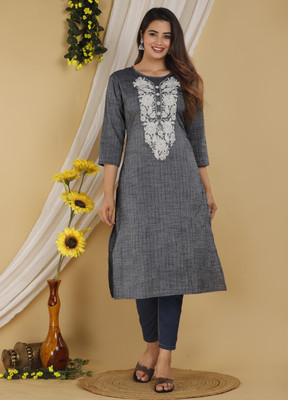 Mehsoos Women Embroidered Straight Kurta(Grey)