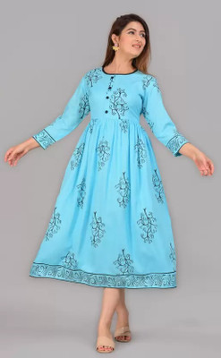 ANJAYA Women Printed Flared Kurta(Light Blue)