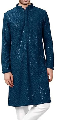 StyleVault Men Chikan Embroidery A-line Kurta(Blue)