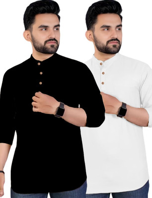Navkanj Men Solid A-line Kurta(White, Black)