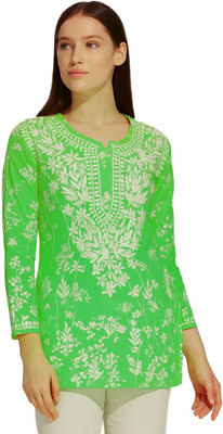 Era Chikan Women Embroidered Straight Kurta(Green)