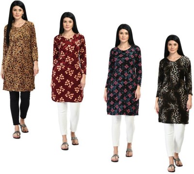 IndiWeaves Women Animal Print Straight Kurta(Dark Blue, Dark Green, Beige)