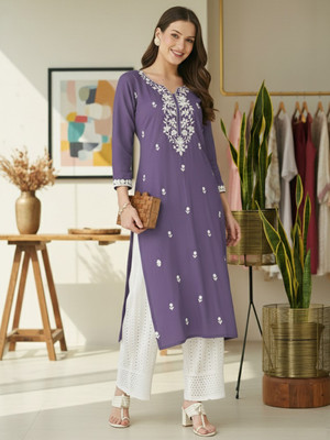 Rensa Women Embroidered Straight Kurta(Purple)