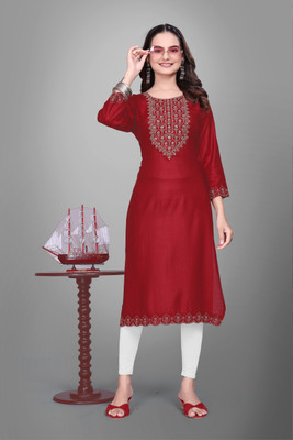 SHIVAYFAB Women Embroidered, Embellished, Solid A-line Kurta(Maroon)