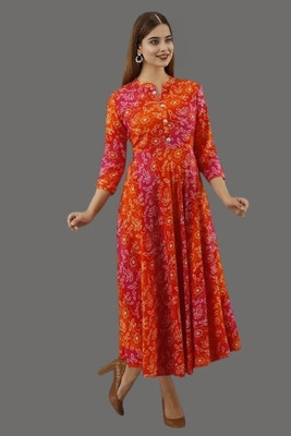 AnviTextile Women Printed A-line Kurta(Orange, Pink)