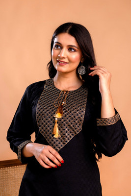 Tibra Attire Women Embroidered Straight Kurta(Black)