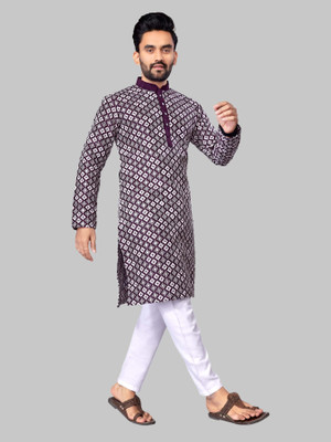 FOXDX Men Printed, Embroidered A-line Kurta(Purple)