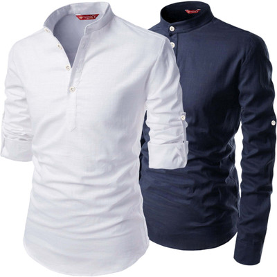 FireFish Men Solid A-line Kurta(Blue)