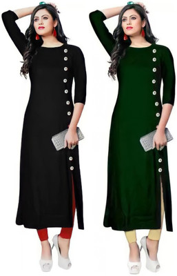 RK Costing Women Solid Straight Kurta(Black, Dark Green)