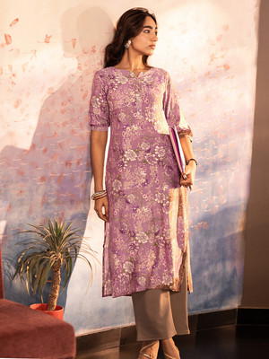 LIBAS Women Printed Straight Kurta(Purple)