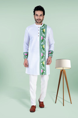 FLOWNIC Men Self Design Ethnic Dress Kurta(White, Green)