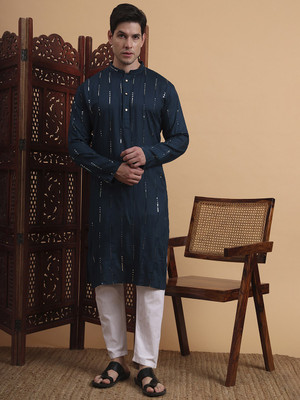 Zarista Creation Men Embroidered A-line Kurta(Dark Blue)