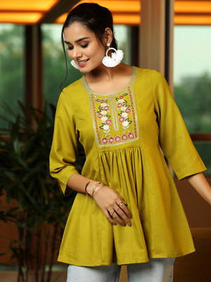 LIBAS Women Embroidered A-line Kurta(Green)
