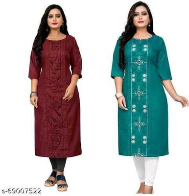 VIVIDH CREATIONSS Women Embroidered Straight Kurta(Green, Maroon)