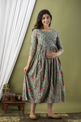 GUNINI Women Printed Gown Kurta(Grey)