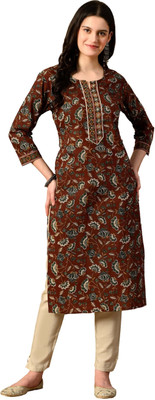 GIRBANA Women Floral Print Straight Kurta(Brown)