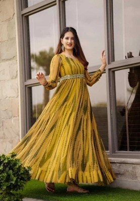 JS ENTERPRISE Women Printed Anarkali Kurta(Yellow)