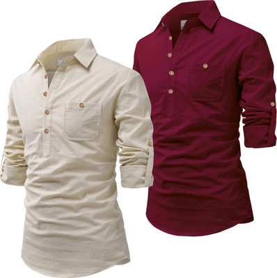 Vida Loca Men Solid Pathani Kurta(White, Maroon)