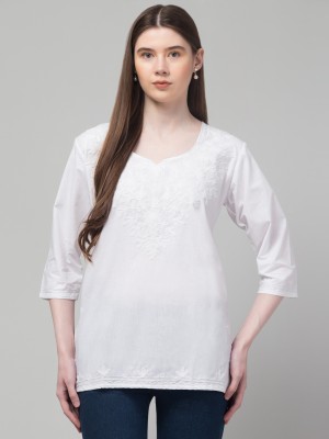 CROWNKING Casual Embroidered Women White Top