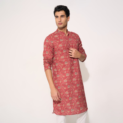 Indus Route by Pantaloons Men Printed Straight Kurta(Red)