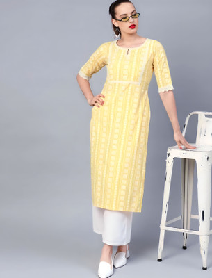 Priyas Creation Women Embroidered A-line Kurta(Yellow)