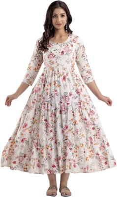 CHARNEST Women Floral Print Anarkali Kurta(White)