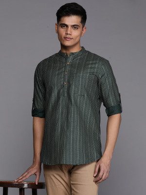 Indo Era Men Striped Straight Kurta(Green)