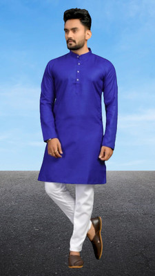 M Biswas Men Solid A-line Kurta(Blue)