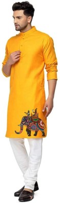 Enmozz Men Printed Straight Kurta(Yellow)