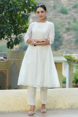Juniper Women Solid A-line Kurta(White)