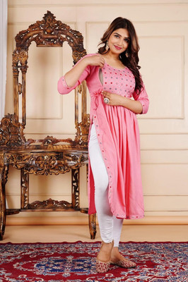 TRY ME Women Embroidered A-line Kurta(Pink)