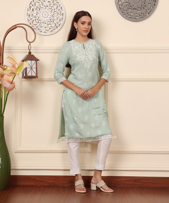 W Women Floral Print Straight Kurta(Green)