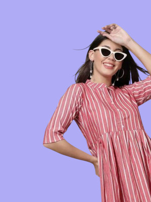Houseofcommonv Women Striped A-line Kurta(Pink)