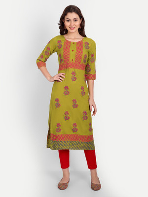 Diktmark Women Floral Print A-line Kurta(Light Green, Red)