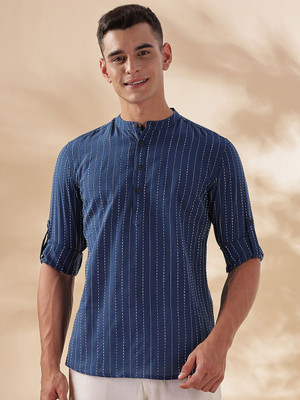 ANOUK Men Striped Straight Kurta(Blue)