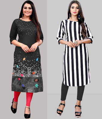 maruti fab Women Striped, Printed A-line Kurta(Grey, White)